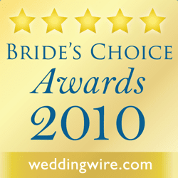 Five gold stars above the text "Bride's Choice Awards 2010" with "weddingwire.com" at the bottom, on a gold gradient background—perfect for celebrating top Boston Band talent and outstanding Wedding Music.
